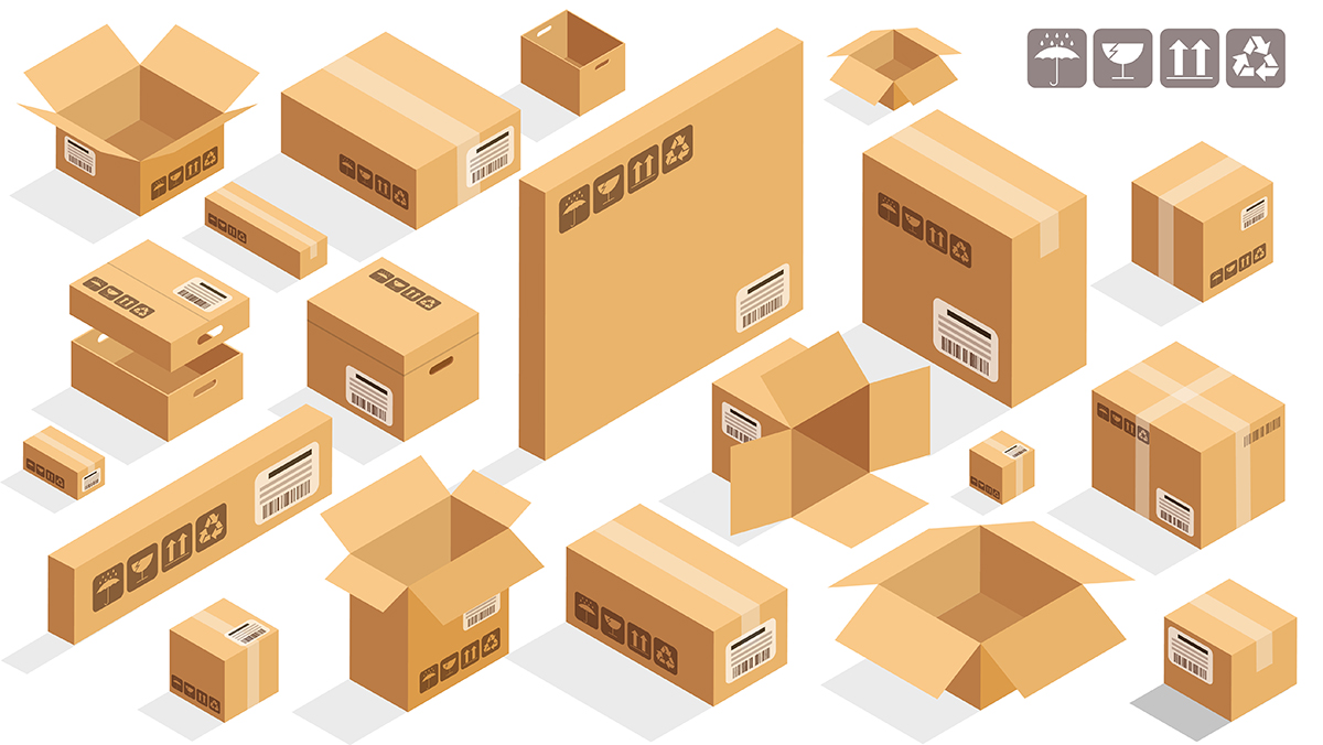 Isometric vector cardboard brown boxes on white background vector design element set.